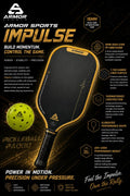 Armor Sports Impulse 16mm elongated pickleball paddle, black face with gold edge guard
